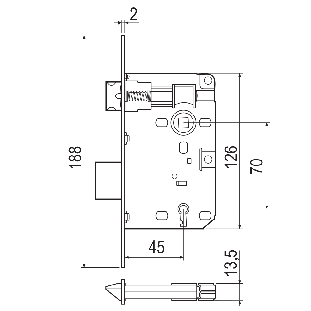 AGB Piccola B005724503 Τετράγωνη Κλειδαριά μεσόπορτας ξύλινης 45mm | Χρυσό - 2