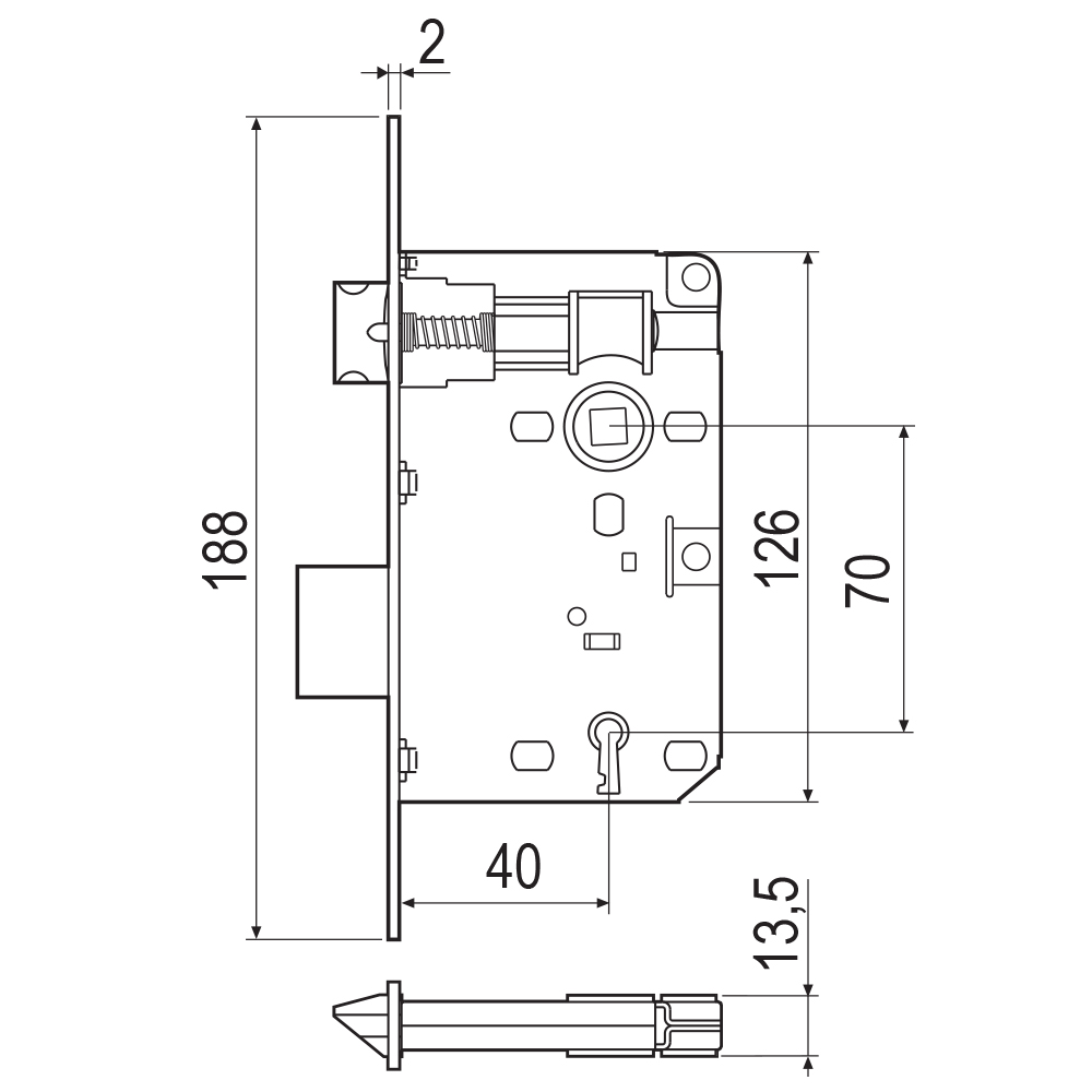 AGB Piccola B005724003 Τετράγωνη Κλειδαριά μεσόπορτας ξύλινης 40mm | Χρυσό - 2