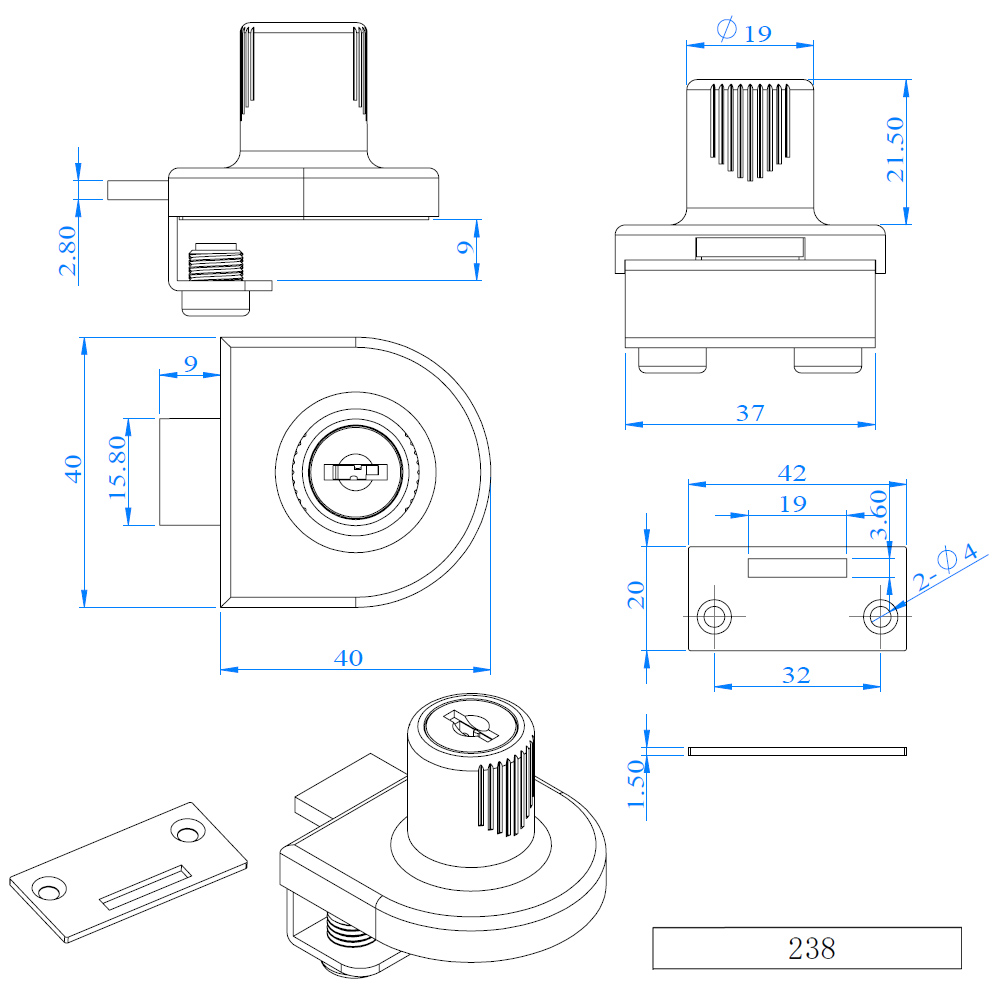 Single glass door lock EVERGOOD 238 Series - 3