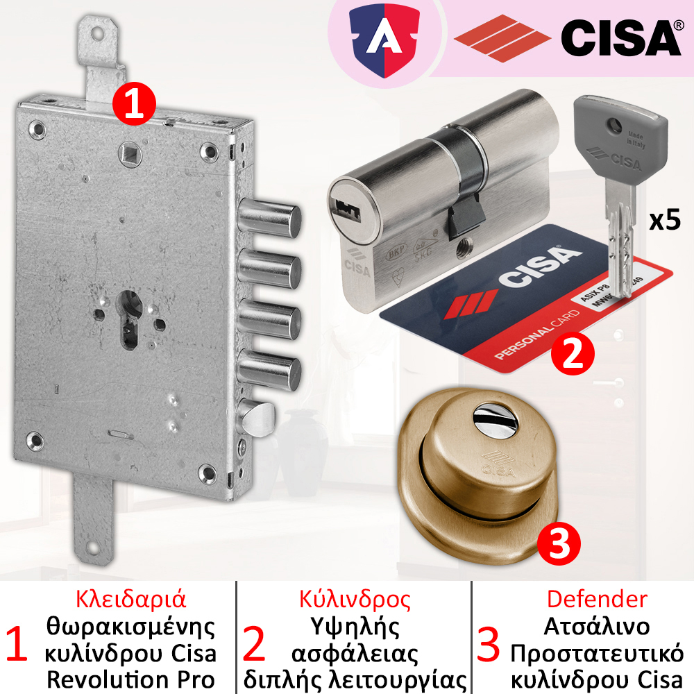 Κλειδαριά θωρακισμένης CISA B6515 + Κύλινδρος ασφαλείας CISA Asix P8 0Q311 + CISA Defender 06490 - 1