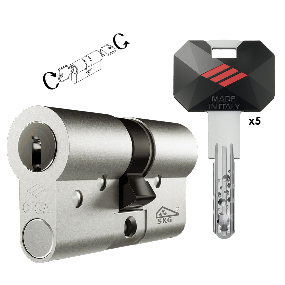 CISA RS5 0R3M1 Maximum Security Cylinder Euro Profile - Reversible Patent Flat Key - Controlled Duplication & Anti-Snap Steel Βars - Nickel