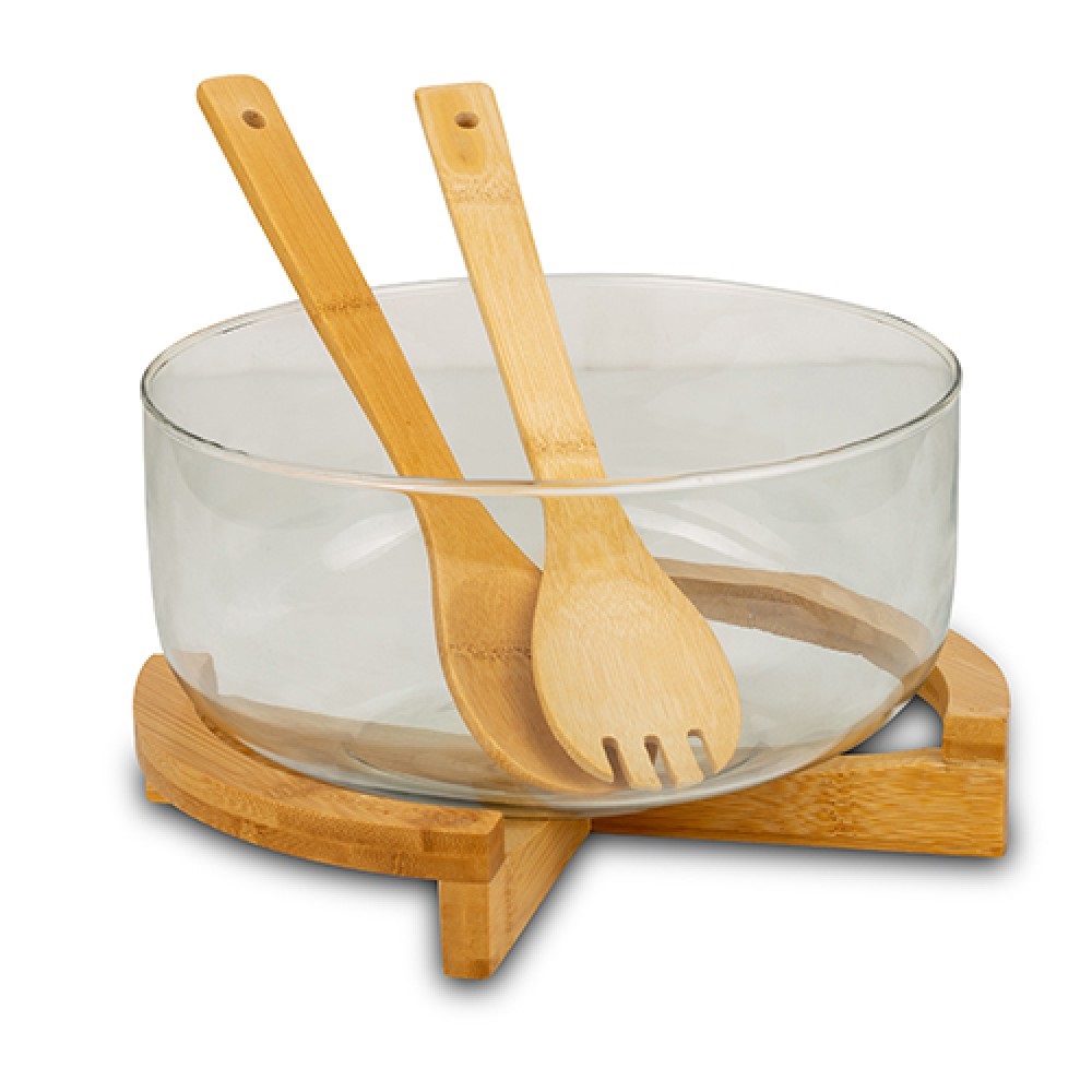Σαλατιέρα Γυάλινη 4,2Lt Φ24xH14cm Με Bamboo Βάση & 2 Κουτάλες Terrestrial Nava 10-107-013 - 