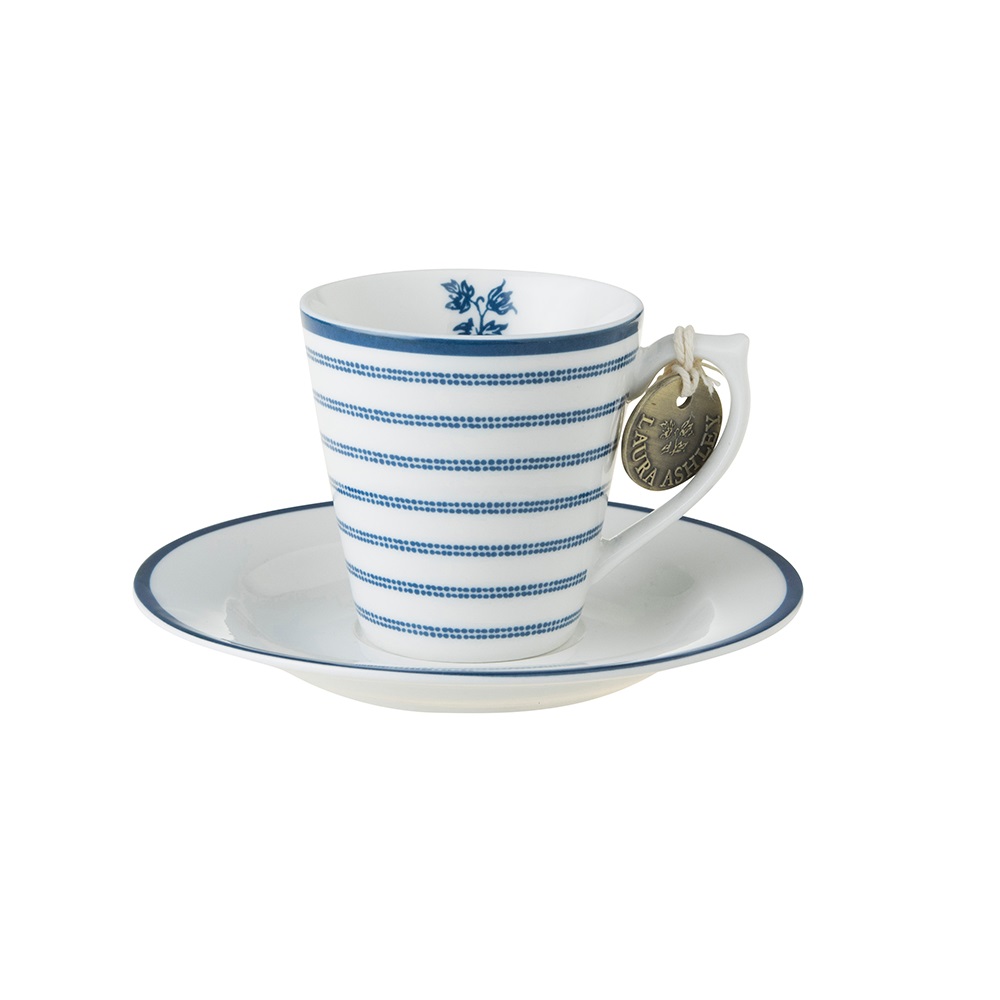 Φλιτζανάκι Espresso 90ml Με Πιατάκι Φ12cm Πορσελάνης Λευκό – Μπλε Candy Stripe Blueprint Laura Ashley LA178692 - 1