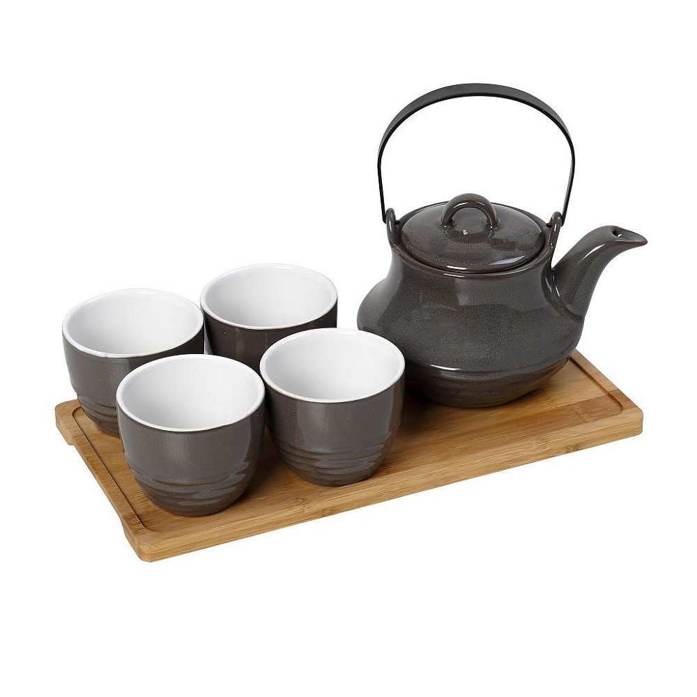 Τσαγιέρα 600ml Με 4 Ποτήρια 200ml Stoneware Γκρί & Δίσκο Bamboo Ritual Espiel SPI110 - 1