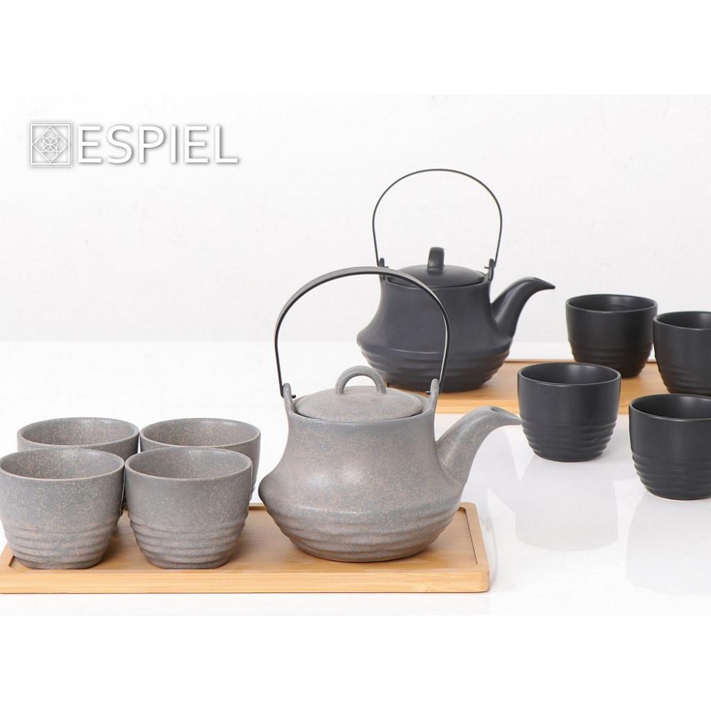 Τσαγιέρα 600ml Με 4 Ποτήρια 200ml Stoneware Μαύρο & Δίσκο Bamboo Ritual Espiel SPI112 - 2