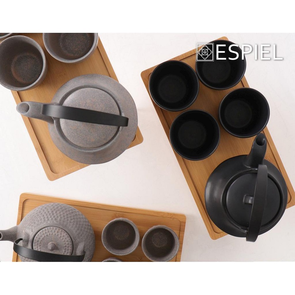 Τσαγιέρα 600ml Με 4 Ποτήρια 200ml Stoneware Μαύρο & Δίσκο Bamboo Ritual Espiel SPI112 - 3