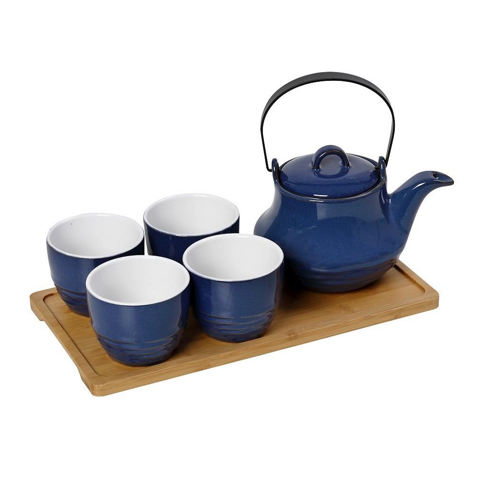 Τσαγιέρα 600ml Με 4 Ποτήρια 200ml Stoneware Μπλέ & Δίσκο Bamboo Ritual Espiel SPI113 - 