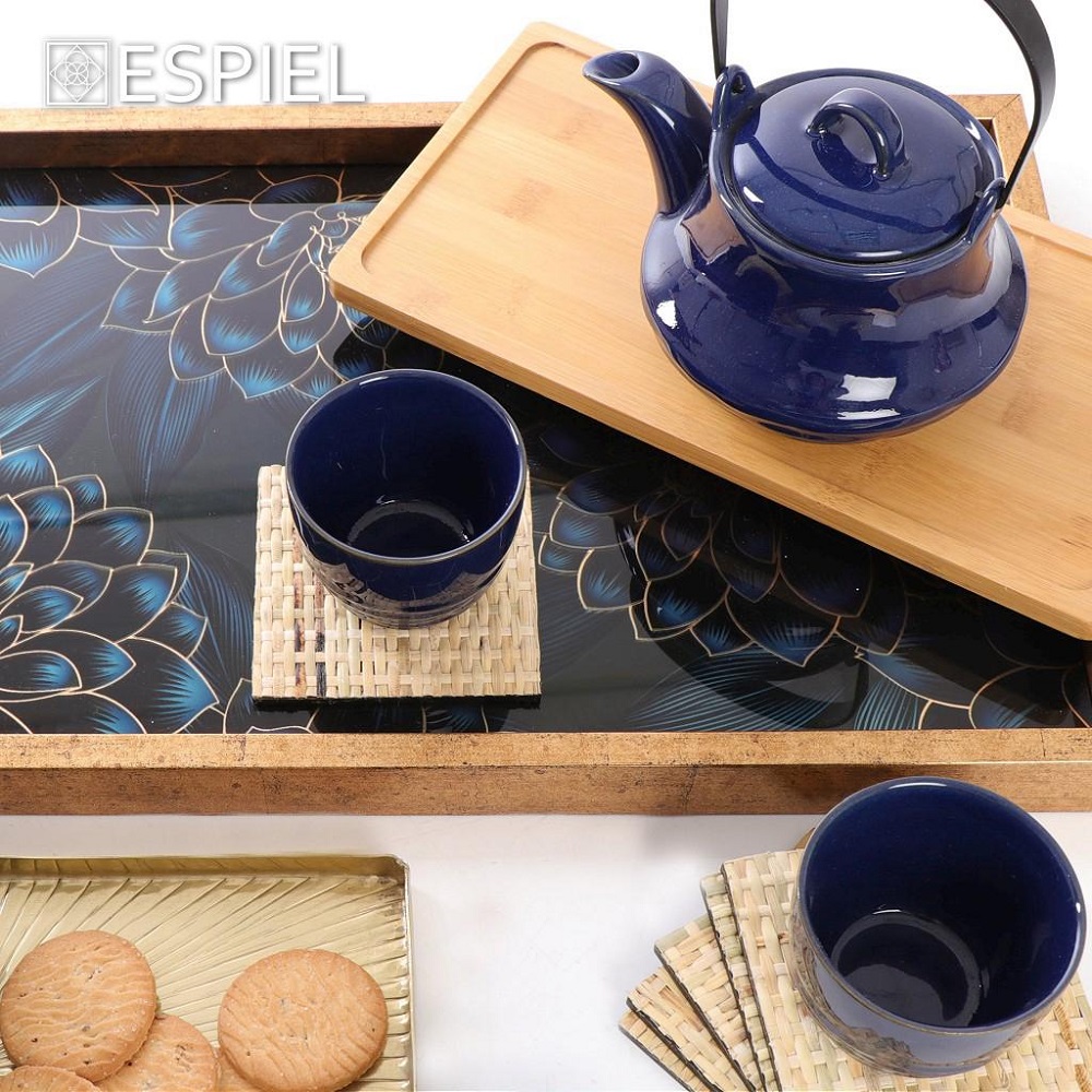 Τσαγιέρα 600ml Με 4 Ποτήρια 200ml Stoneware Μπλέ & Δίσκο Bamboo Ritual Espiel SPI113 - 3