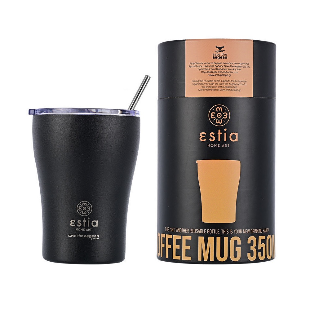 Ποτήρι Ισοθερμικό Μidnight Black Διπλού Τοιχώματος Ανοξείδωτο 18/8 350ml & Ανοξείδωτο Καλαμάκι & Βουρτσάκι Καθαρισμού Save the Aegean εstia Home Art 01-12083 - 