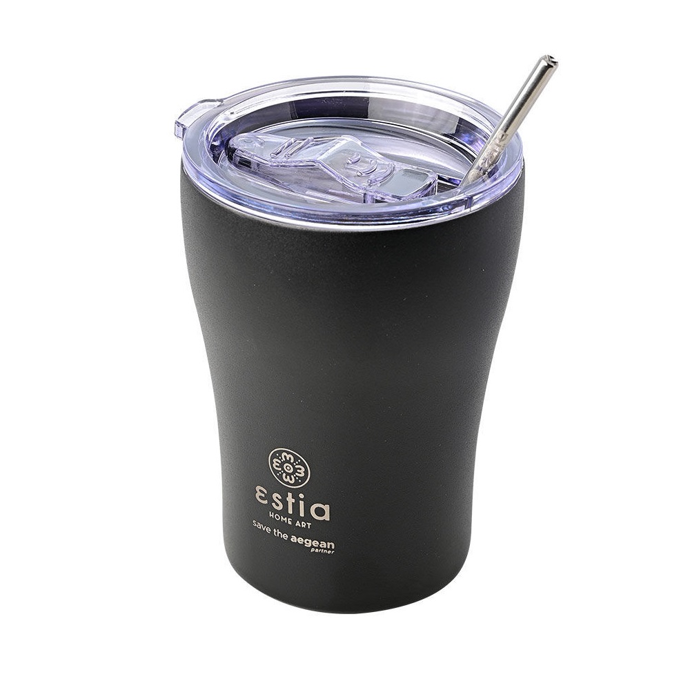 Ποτήρι Ισοθερμικό Μidnight Black Διπλού Τοιχώματος Ανοξείδωτο 18/8 350ml & Ανοξείδωτο Καλαμάκι & Βουρτσάκι Καθαρισμού Save the Aegean εstia Home Art 01-12083 - 2