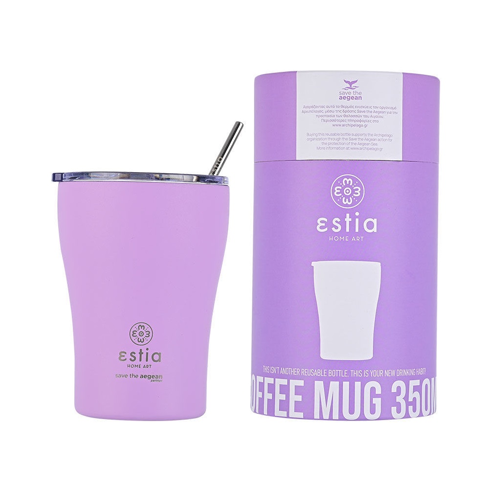 Ποτήρι Ισοθερμικό Lavender Purple Διπλού Τοιχώματος Ανοξείδωτο 18/8 350ml & Ανοξείδωτο Καλαμάκι & Βουρτσάκι Καθαρισμού Save the Aegean εstia Home Art 01-12090 - 