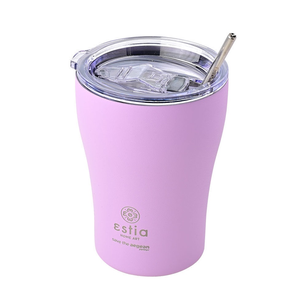 Ποτήρι Ισοθερμικό Lavender Purple Διπλού Τοιχώματος Ανοξείδωτο 18/8 350ml & Ανοξείδωτο Καλαμάκι & Βουρτσάκι Καθαρισμού Save the Aegean εstia Home Art 01-12090 - 2