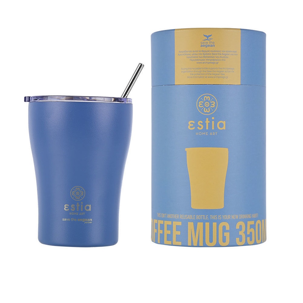 Ποτήρι Ισοθερμικό Denim Blue Διπλού Τοιχώματος Ανοξείδωτο 18/8 350ml & Ανοξείδωτο Καλαμάκι & Βουρτσάκι Καθαρισμού Save the Aegean εstia Home Art 01-12182 - 