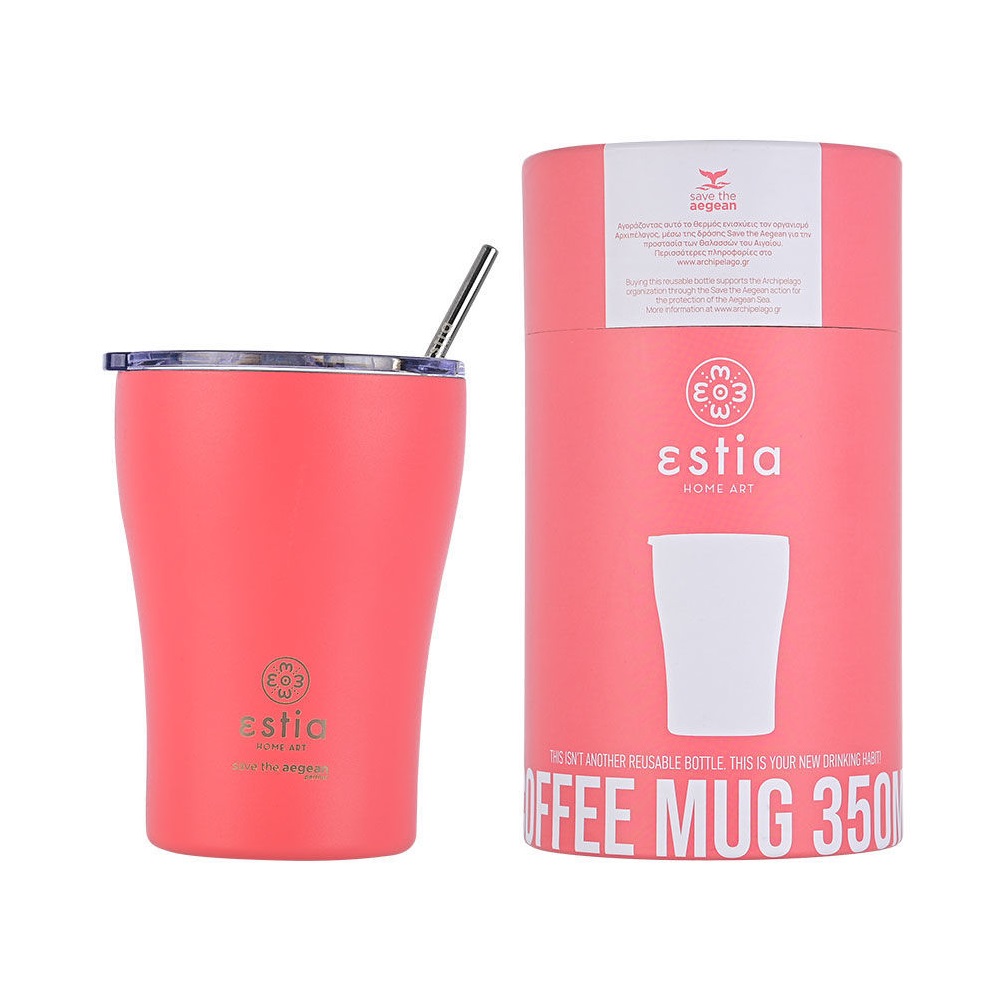 Ποτήρι Ισοθερμικό Fusion Coral Διπλού Τοιχώματος Ανοξείδωτο 18/8 350ml & Ανοξείδωτο Καλαμάκι & Βουρτσάκι Καθαρισμού Save the Aegean εstia Home Art 01-12199 - 