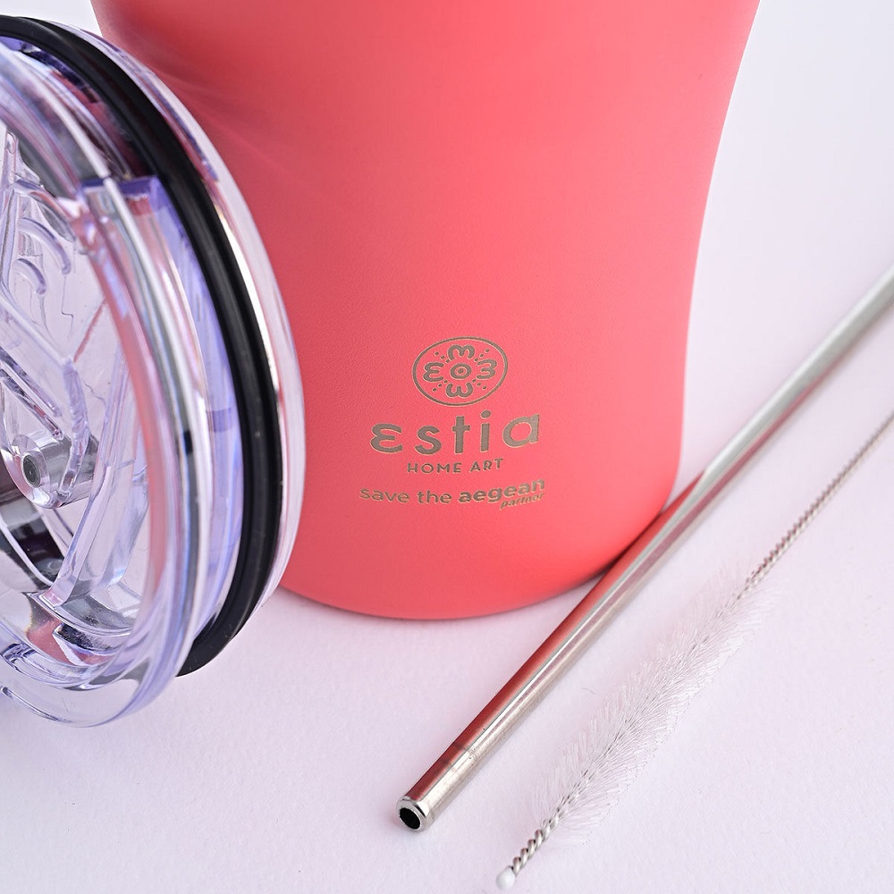 Ποτήρι Ισοθερμικό Fusion Coral Διπλού Τοιχώματος Ανοξείδωτο 18/8 350ml & Ανοξείδωτο Καλαμάκι & Βουρτσάκι Καθαρισμού Save the Aegean εstia Home Art 01-12199 - 3