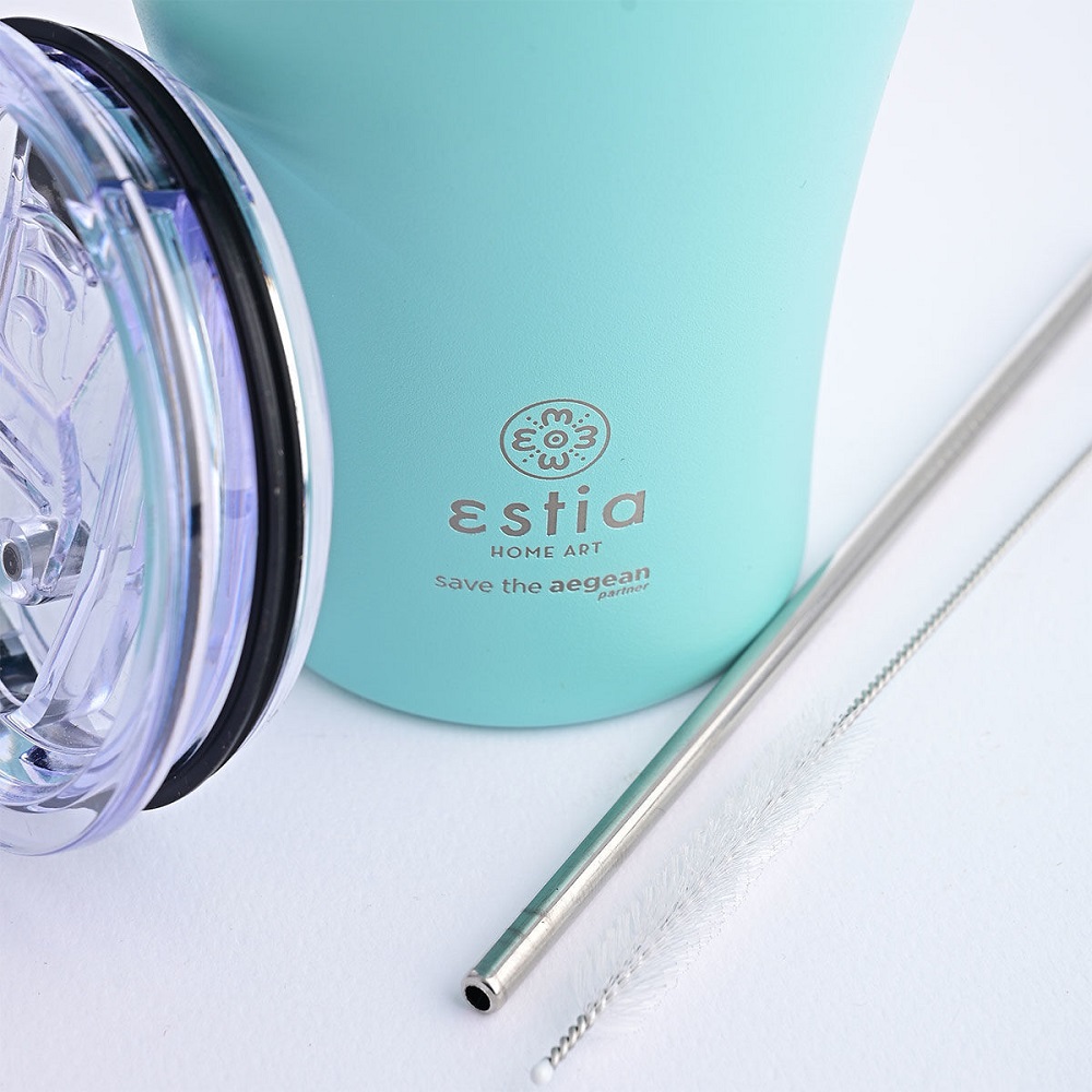 Ποτήρι Ισοθερμικό Bermuda Green Διπλού Τοιχώματος Ανοξείδωτο 18/8 350ml & Ανοξείδωτο Καλαμάκι & Βουρτσάκι Καθαρισμού Save the Aegean εstia Home Art 01-12106 - 3