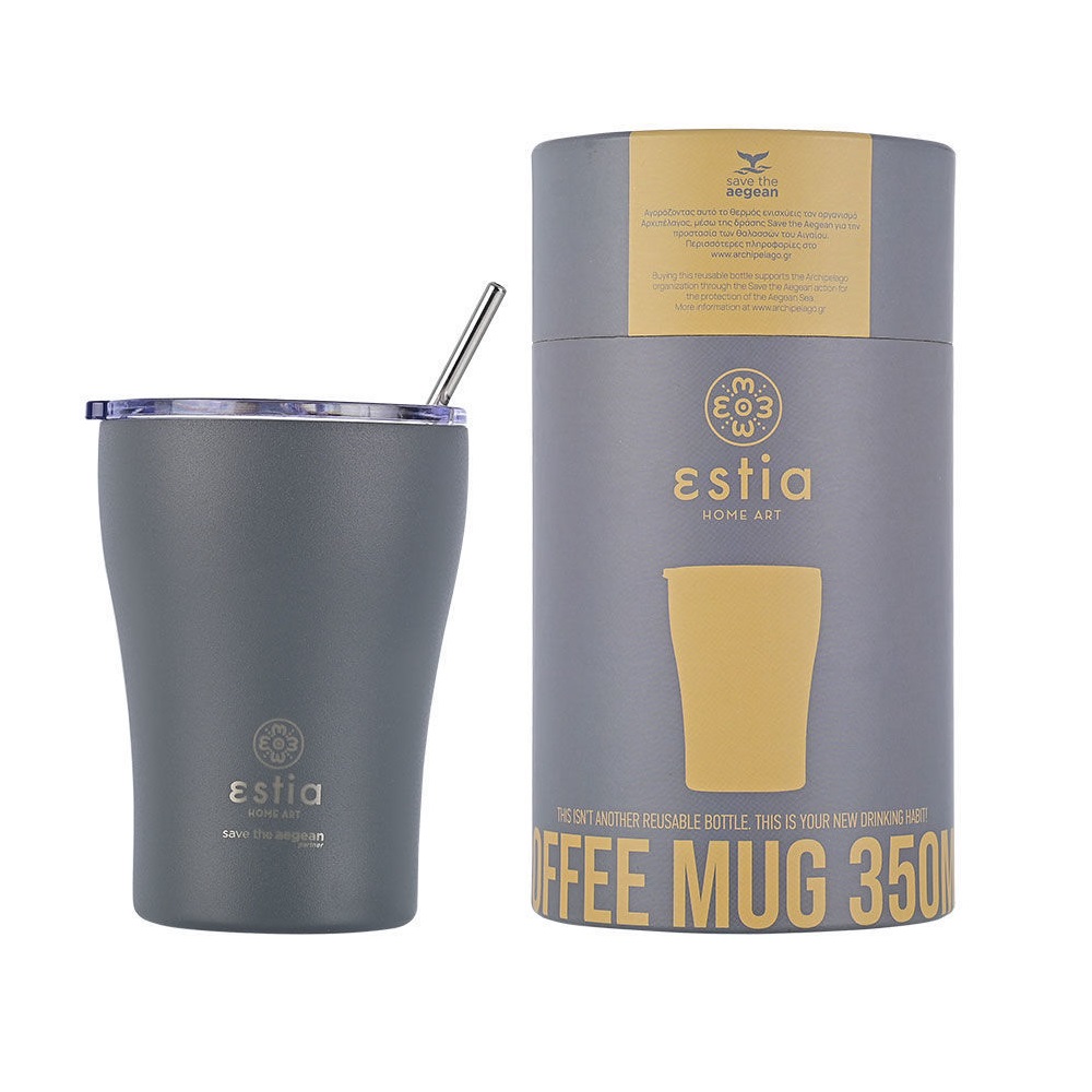 Ποτήρι Ισοθερμικό Fjord Grey Διπλού Τοιχώματος Ανοξείδωτο 18/8 350ml & Ανοξείδωτο Καλαμάκι & Βουρτσάκι Καθαρισμού Save the Aegean εstia Home Art 01-12441 - 