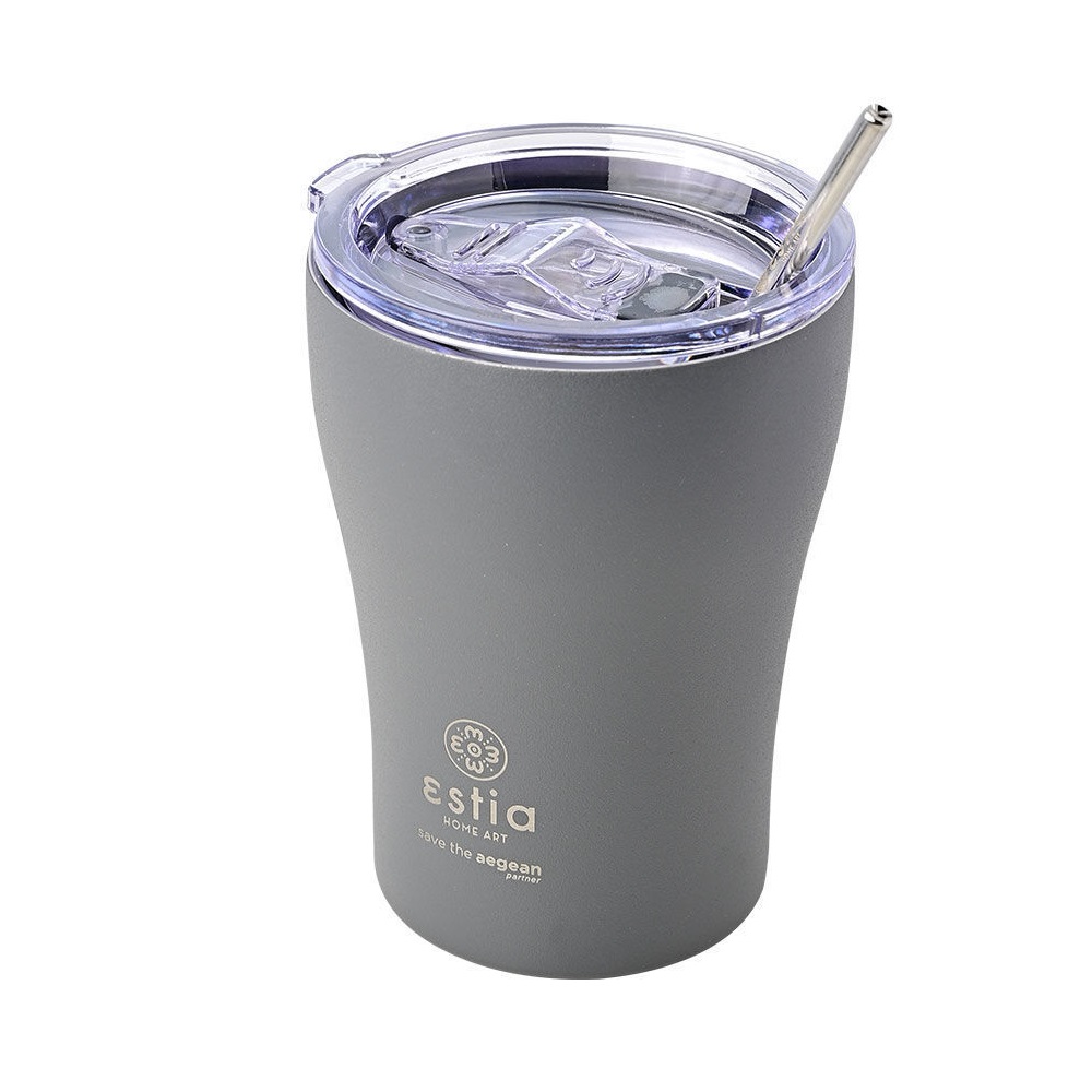 Ποτήρι Ισοθερμικό Fjord Grey Διπλού Τοιχώματος Ανοξείδωτο 18/8 350ml & Ανοξείδωτο Καλαμάκι & Βουρτσάκι Καθαρισμού Save the Aegean εstia Home Art 01-12441 - 2