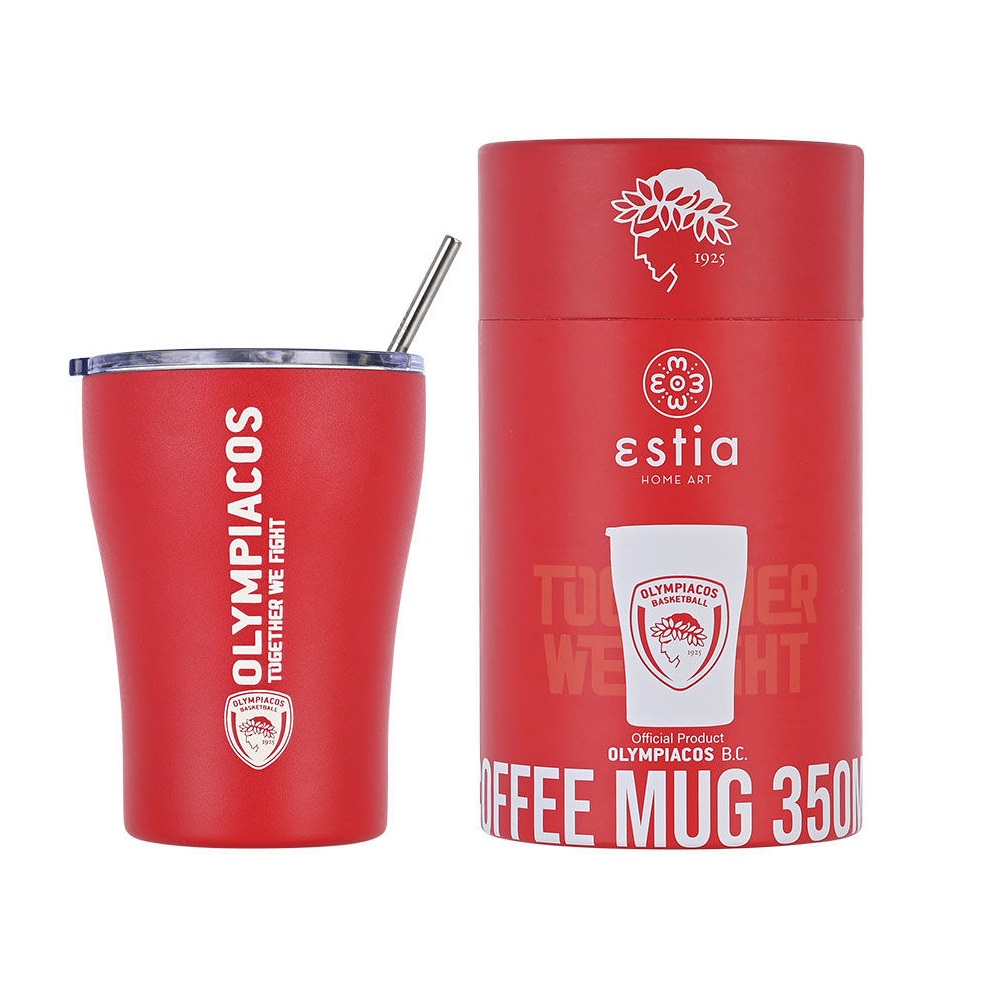 Ποτήρι Ισοθερμικό Olympiakos BC Edition Διπλού Τοιχώματος Ανοξείδωτο 18/10 350ml Με Ανοξείδωτο Καλαμάκι & Βουρτσάκι Καθαρισμού εstia Home Art 00-13264 - 1