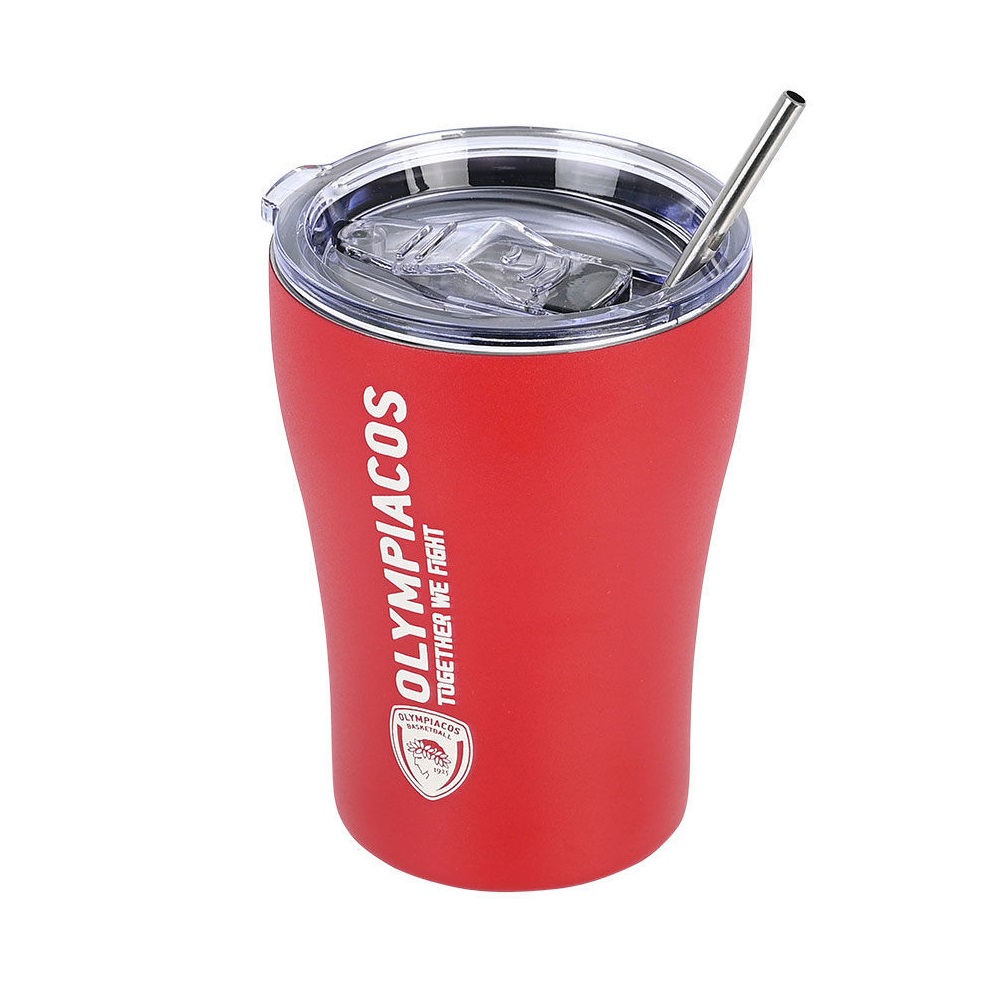 Ποτήρι Ισοθερμικό Olympiakos BC Edition Διπλού Τοιχώματος Ανοξείδωτο 18/10 350ml Με Ανοξείδωτο Καλαμάκι & Βουρτσάκι Καθαρισμού εstia Home Art 00-13264 - 2