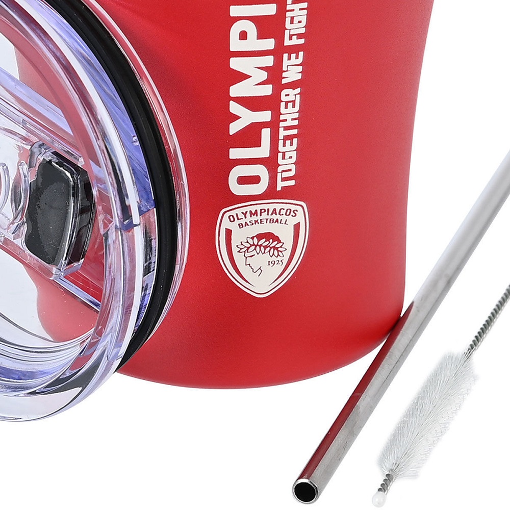 Ποτήρι Ισοθερμικό Olympiakos BC Edition Διπλού Τοιχώματος Ανοξείδωτο 18/10 350ml Με Ανοξείδωτο Καλαμάκι & Βουρτσάκι Καθαρισμού εstia Home Art 00-13264 - 3