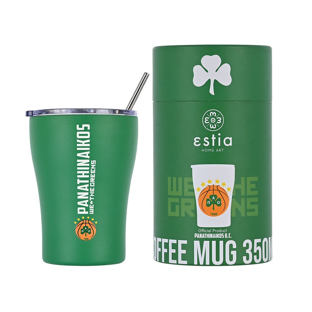Ποτήρι Ισοθερμικό Panathinaikos BC Edition Διπλού Τοιχώματος Ανοξείδωτο 18/10 350ml Με Ανοξείδωτο Καλαμάκι & Βουρτσάκι Καθαρισμού εstia Home Art 00-13257 - 1