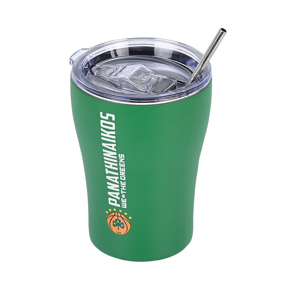 Ποτήρι Ισοθερμικό Panathinaikos BC Edition Διπλού Τοιχώματος Ανοξείδωτο 18/10 350ml Με Ανοξείδωτο Καλαμάκι & Βουρτσάκι Καθαρισμού εstia Home Art 00-13257 - 2