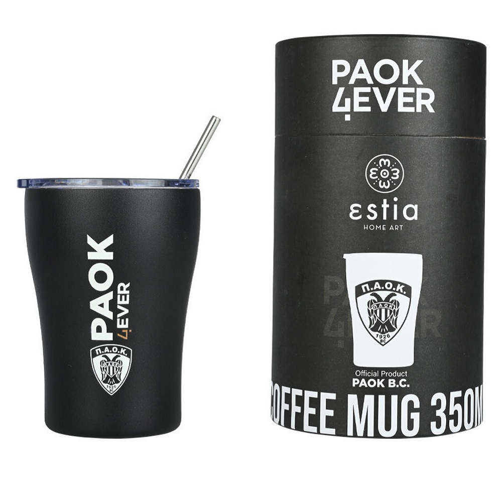 Ποτήρι Ισοθερμικό PAOK BC Edition Διπλού Τοιχώματος Ανοξείδωτο 18/10 350ml Με Ανοξείδωτο Καλαμάκι & Βουρτσάκι Καθαρισμού εstia Home Art 00-13790 - 1