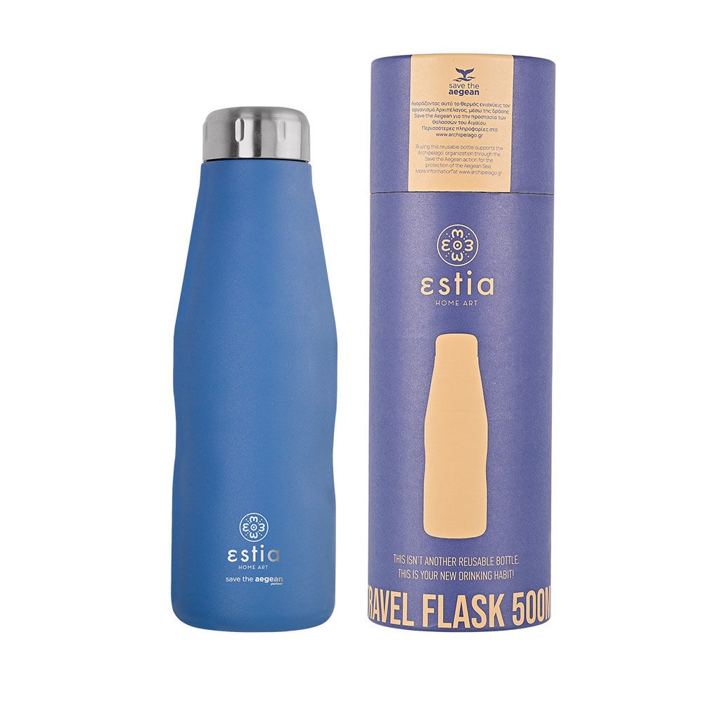 Μπουκάλι Ισοθερμικό Denim Blue Διπλού Τοιχώματος 500ml Ανοξείδωτο 18/8 Save the Aegean εstia Home Art 01-12052 - 