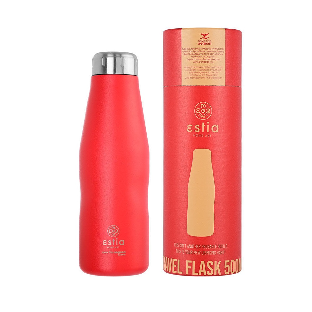 Μπουκάλι Ισοθερμικό Scarlet Red Διπλού Τοιχώματος 500ml Ανοξείδωτο 18/8 Save the Aegean εstia Home Art 01-8543 - 