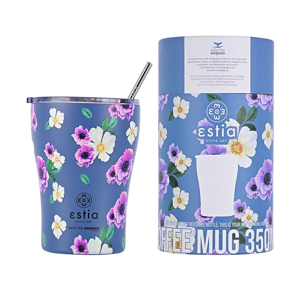 Ποτήρι Ισοθερμικό Garden Blue Διπλού Τοιχώματος Ανοξείδωτο 18/8 350ml Με Ανοξείδωτο Καλαμάκι & Βουρτσάκι Καθαρισμού Save the Aegean εstia Home Art 01-16883 - 1