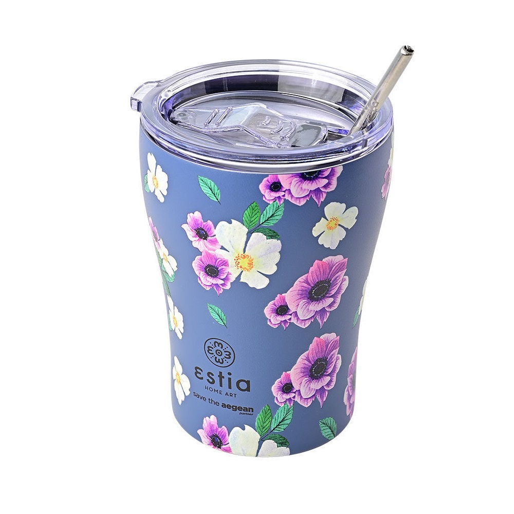 Ποτήρι Ισοθερμικό Garden Blue Διπλού Τοιχώματος Ανοξείδωτο 18/8 350ml Με Ανοξείδωτο Καλαμάκι & Βουρτσάκι Καθαρισμού Save the Aegean εstia Home Art 01-16883 - 2