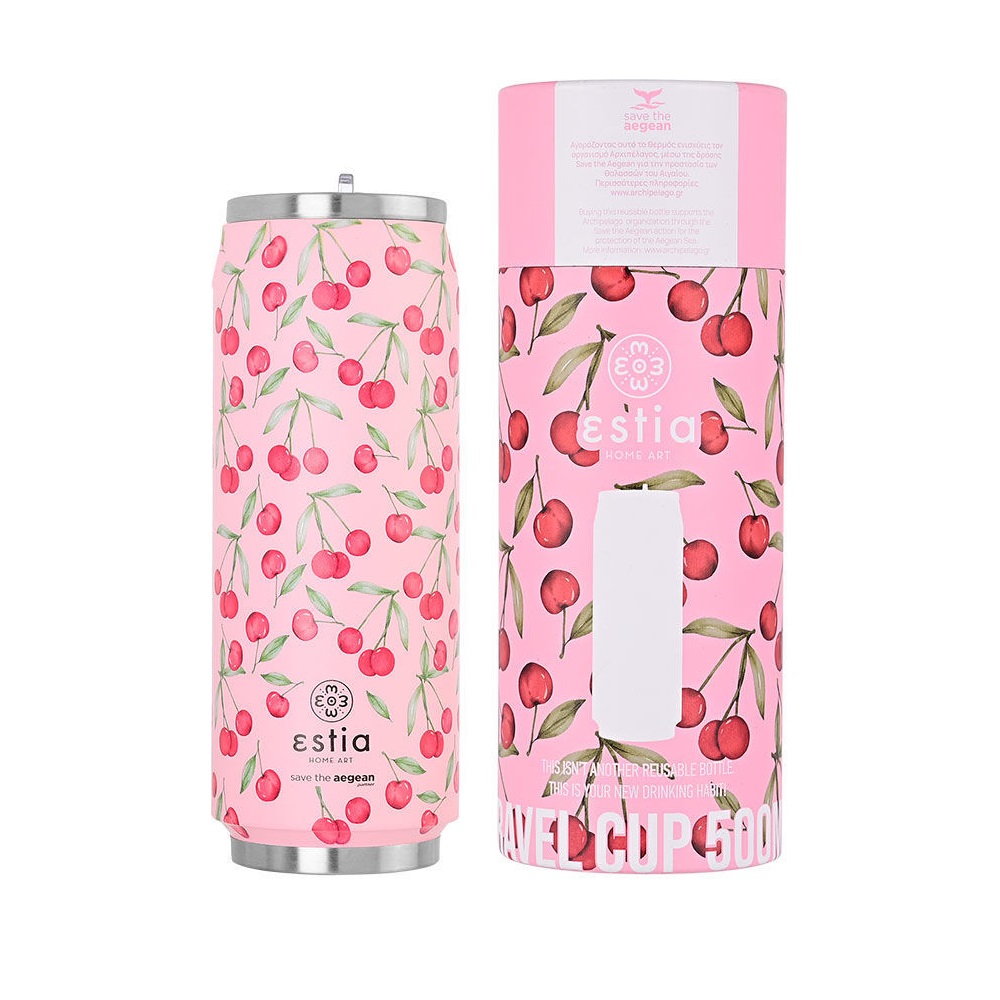 Ποτήρι Ισοθερμικό Cherry Rose Διπλού Τοιχώματος Ανοξείδωτο 18/8 500ml Με Καλαμάκι Save the Aegean εstia Home Art 01-16791 - 