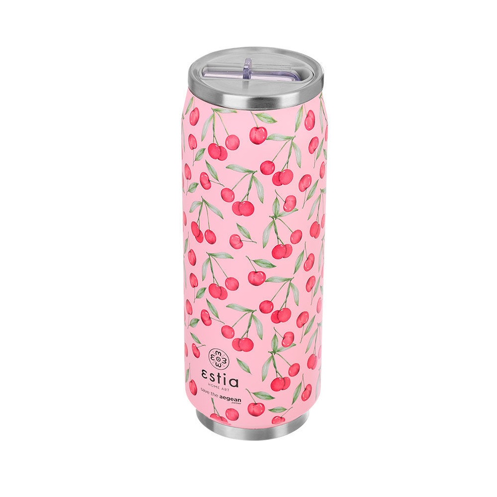 Ποτήρι Ισοθερμικό Cherry Rose Διπλού Τοιχώματος Ανοξείδωτο 18/8 500ml Με Καλαμάκι Save the Aegean εstia Home Art 01-16791 - 2