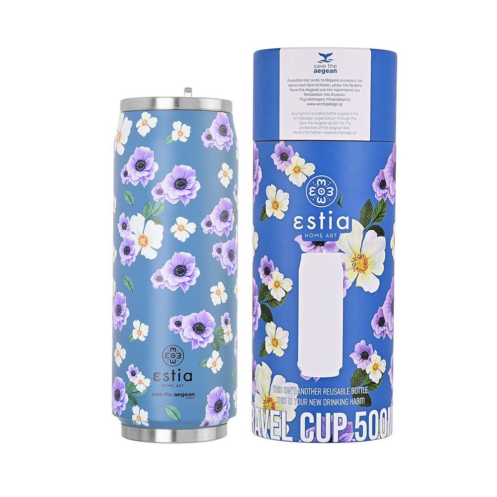 Ποτήρι Ισοθερμικό Garden Blue Διπλού Τοιχώματος Ανοξείδωτο 18/8 500ml Με Καλαμάκι Save the Aegean εstia Home Art 01-16807 - 