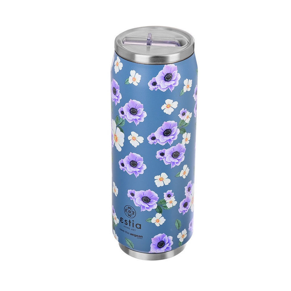 Ποτήρι Ισοθερμικό Garden Blue Διπλού Τοιχώματος Ανοξείδωτο 18/8 500ml Με Καλαμάκι Save the Aegean εstia Home Art 01-16807 - 2
