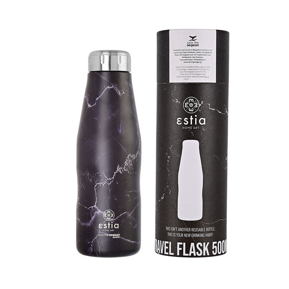 Μπουκάλι Ισοθερμικό Pentelica Black Διπλού Τοιχώματος 500ml Ανοξείδωτο 18/8 Save the Aegean εstia Home Art 01-16609 - 