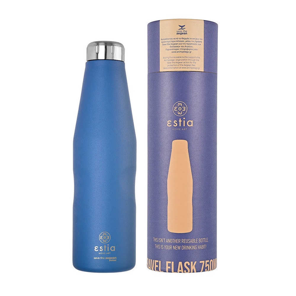 Μπουκάλι Ισοθερμικό Denim Blue Διπλού Τοιχώματος 750ml Ανοξείδωτο 18/8 Save the Aegean εstia Home Art 01-16616 - 