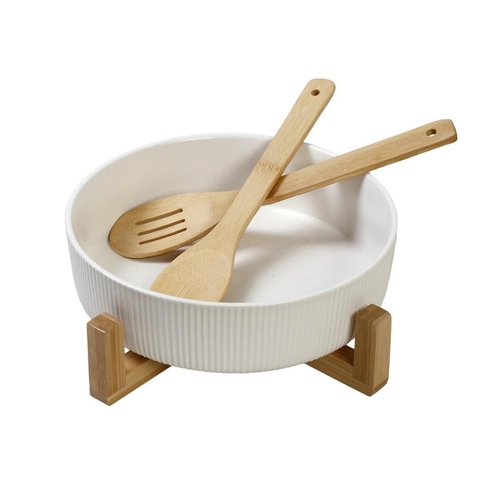 Σαλατιέρα Πορσελάνης Λευκή με Βάση Bamboo & 2 Ξύλινες Κουτάλες 26,7×26,7×9,8 cm ESPIEL TVL104 - 