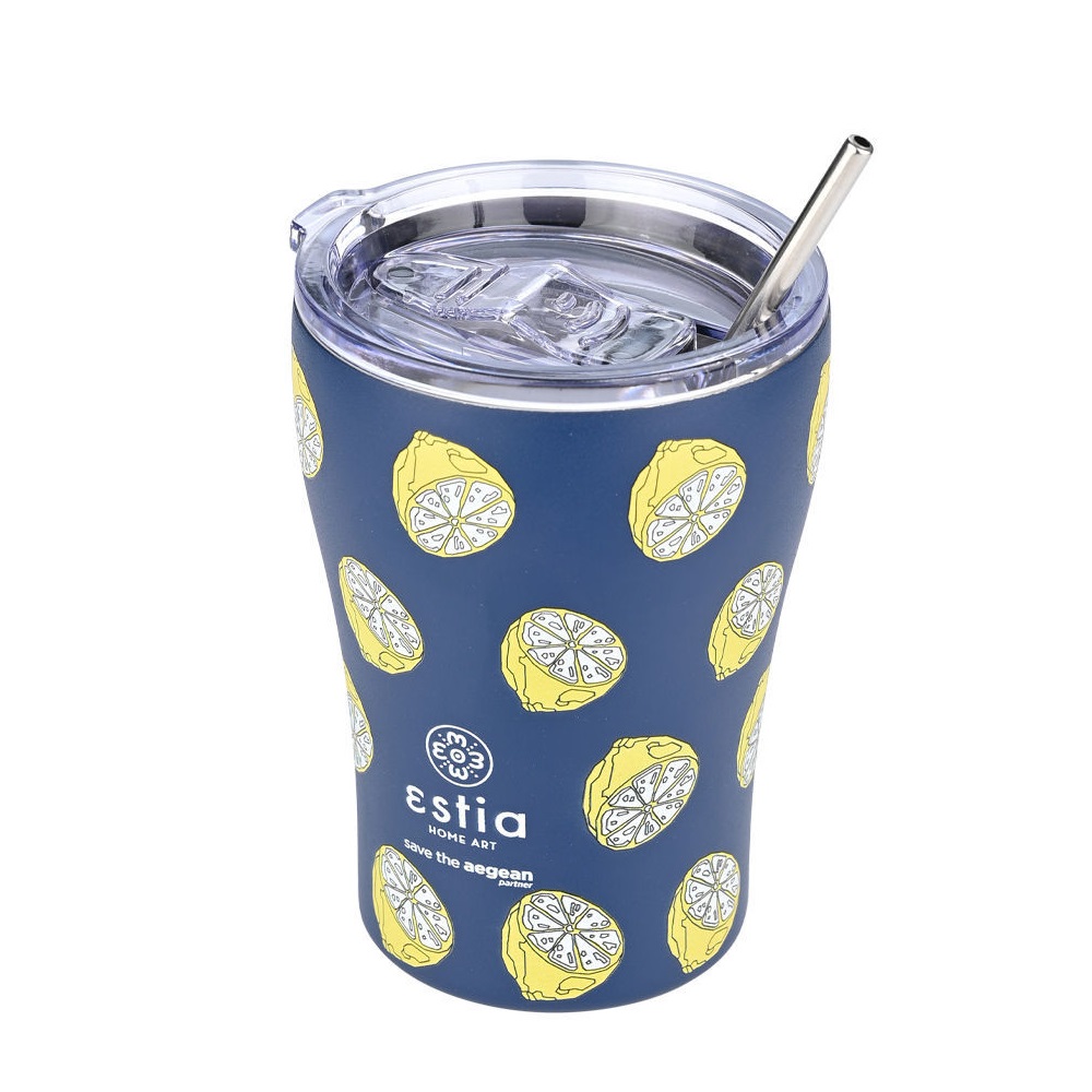 Ποτήρι Ισοθερμικό Citrus Infusion Διπλού Τοιχώματος Ανοξείδωτο 18/8 350ml & Ανοξείδωτο Καλαμάκι & Βουρτσάκι Καθαρισμού Save the Aegean εstia Home Art 01-22952 - 2