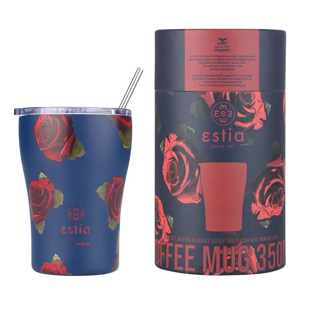 Ποτήρι Ισοθερμικό Electric Roses Διπλού Τοιχώματος Ανοξείδωτο 18/8 350ml & Ανοξείδωτο Καλαμάκι & Βουρτσάκι Καθαρισμού Save the Aegean εstia Home Art 01-22969 - 