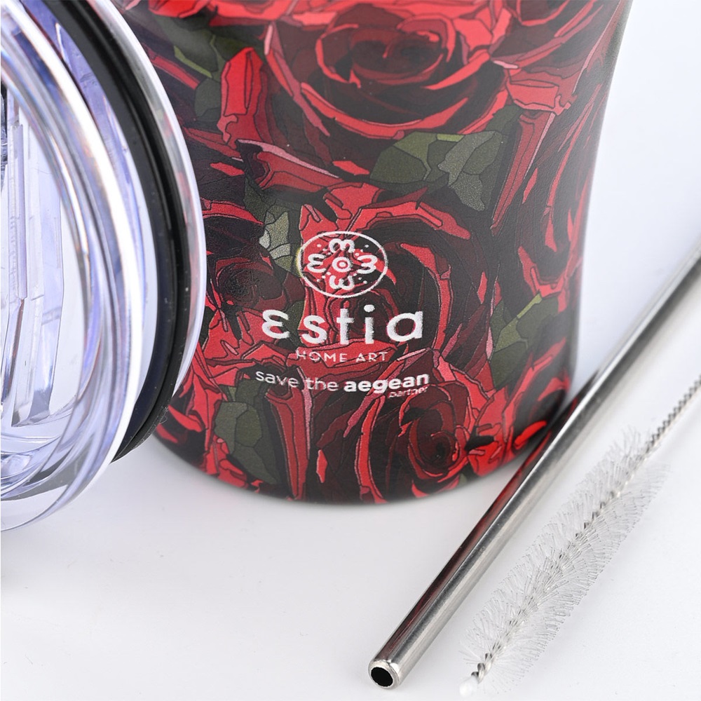 Ποτήρι Ισοθερμικό Twilight Rose Διπλού Τοιχώματος Ανοξείδωτο 18/8 350ml & Ανοξείδωτο Καλαμάκι & Βουρτσάκι Καθαρισμού Save the Aegean εstia Home Art 01-22983 - 3