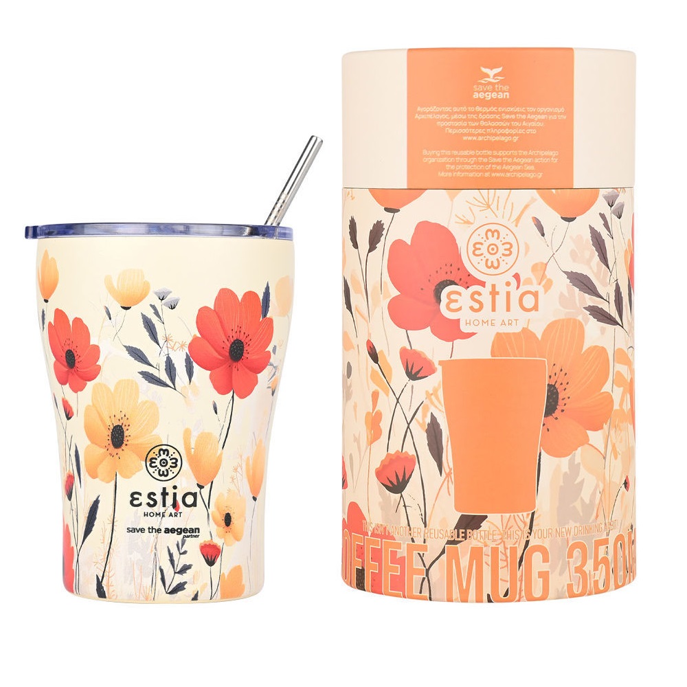 Ποτήρι Ισοθερμικό Summer Reverie Διπλού Τοιχώματος Ανοξείδωτο 18/8 350ml & Ανοξείδωτο Καλαμάκι & Βουρτσάκι Καθαρισμού Save the Aegean εstia Home Art 01-23003 - 1