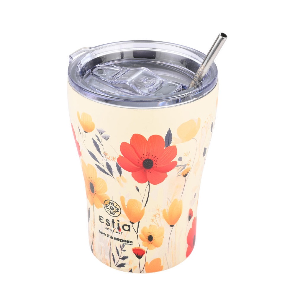Ποτήρι Ισοθερμικό Summer Reverie Διπλού Τοιχώματος Ανοξείδωτο 18/8 350ml & Ανοξείδωτο Καλαμάκι & Βουρτσάκι Καθαρισμού Save the Aegean εstia Home Art 01-23003 - 2