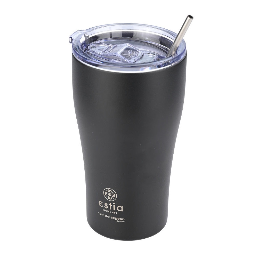 Ποτήρι Ισοθερμικό Midnight Black Διπλού Τοιχώματος Ανοξείδωτο 18/8 500ml & Ανοξείδωτο Καλαμάκι & Βουρτσάκι Καθαρισμού Save the Aegean εstia Home Art 01-23122 - 2