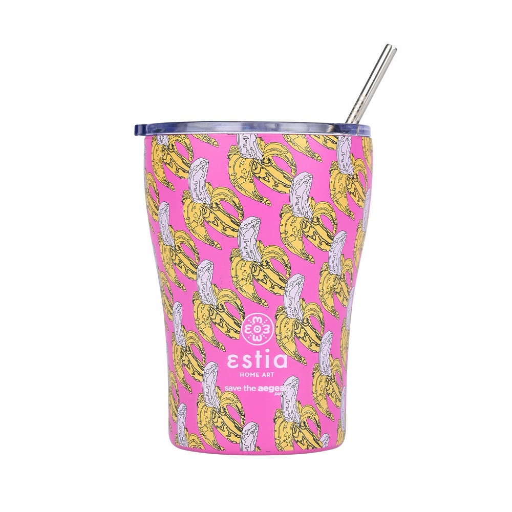 Ποτήρι Ισοθερμικό Banana Swirl Διπλού Τοιχώματος Ανοξείδωτο 18/8 350ml & Ανοξείδωτο Καλαμάκι & Βουρτσάκι Καθαρισμού Save the Aegean εstia Home Art 01-23072 - 1