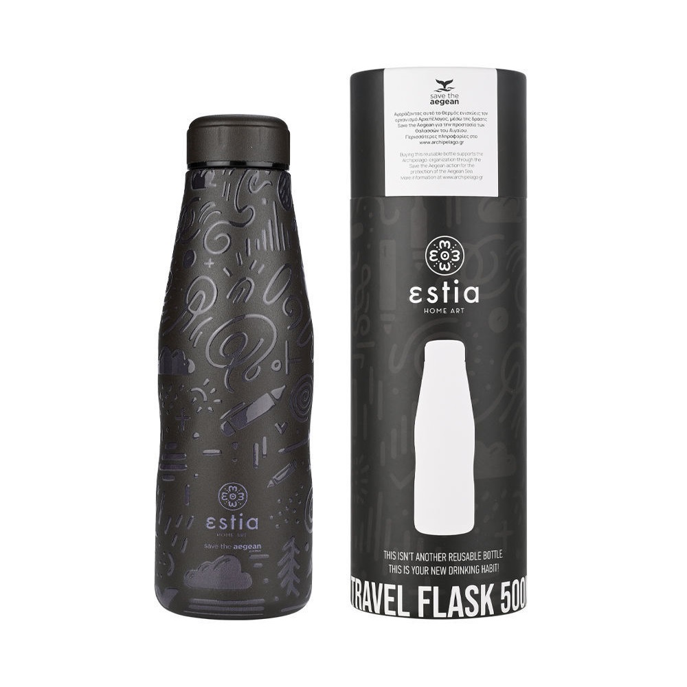 Μπουκάλι Ισοθερμικό Noir Echo Διπλού Τοιχώματος 500ml Ανοξείδωτο 18/8 Save the Aegean εstia Home Art 01-22044 - 1