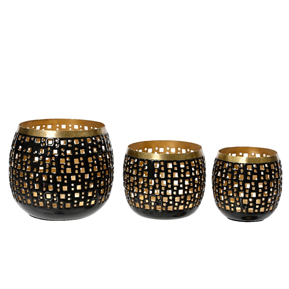 Σετ 3 Κηροπήγια Tealight από Σφυρήλατο Σίδερο σε Μαύρο-Χρυσό με Γεωμετρικό Σχέδιο Kaemingk 524160 - 
