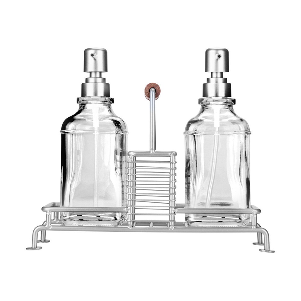 Δοχεία Υγρού Πιάτων Γυάλινα 2x300ml με Μεταλλική Βάση & Θήκη Σφουγγαριού Allure Ασημί εstia Home Art 01-26233 - 