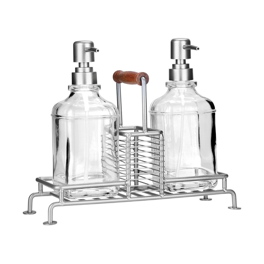 Δοχεία Υγρού Πιάτων Γυάλινα 2x300ml με Μεταλλική Βάση & Θήκη Σφουγγαριού Allure Ασημί εstia Home Art 01-26233 - 2